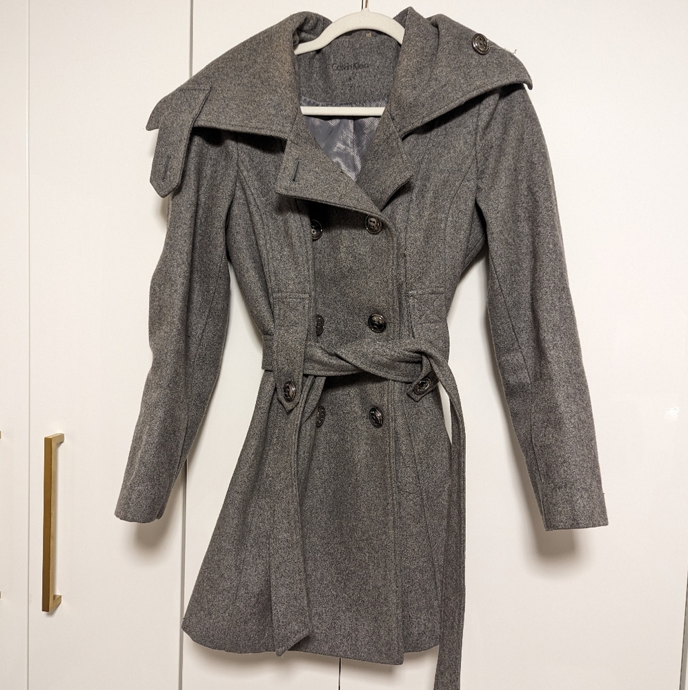 Calvin Klein Gray Double-Breasted Wool Blend Trench Coat